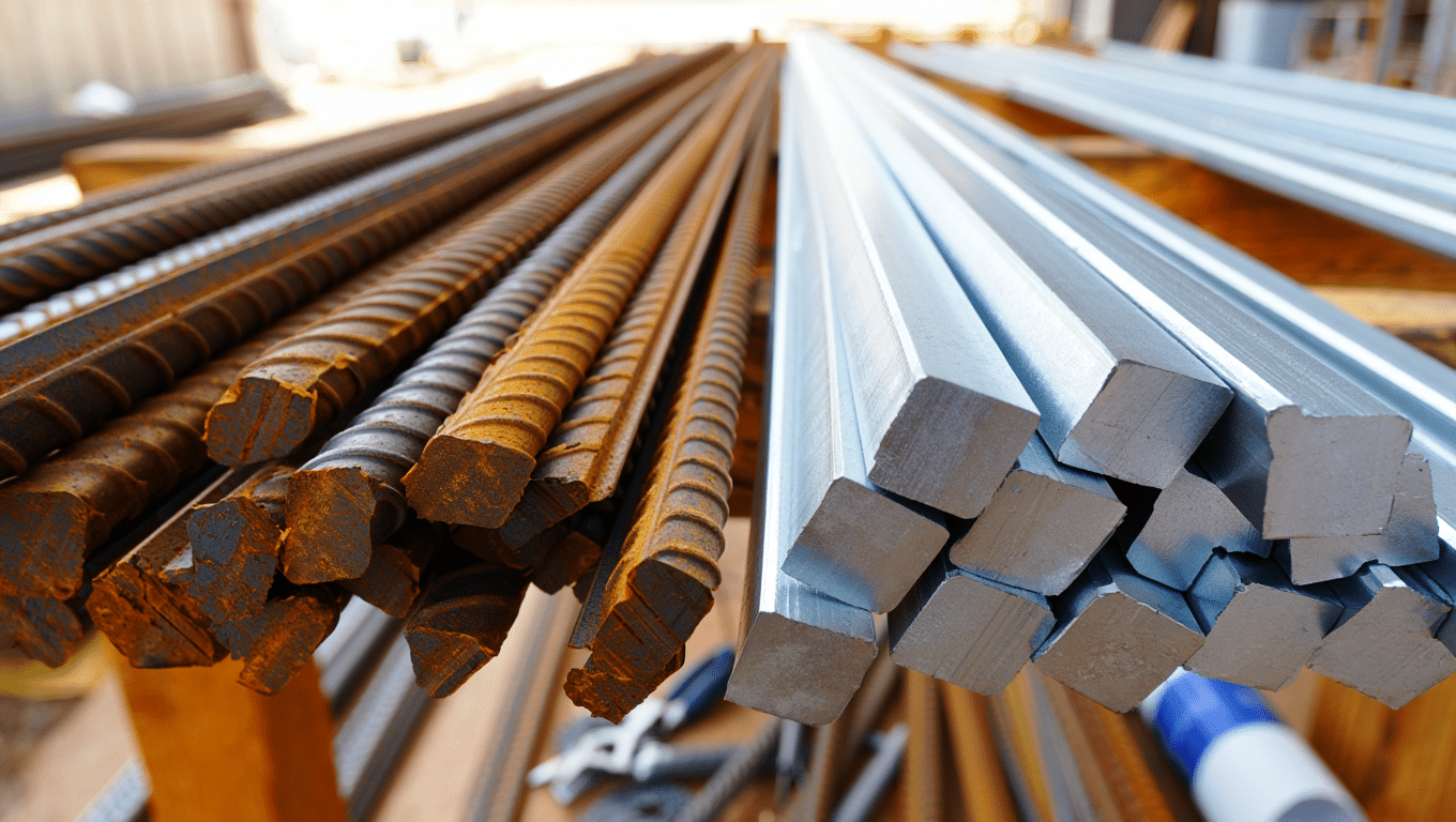 low-quality rebar with visible rust high-quality professional steel bars